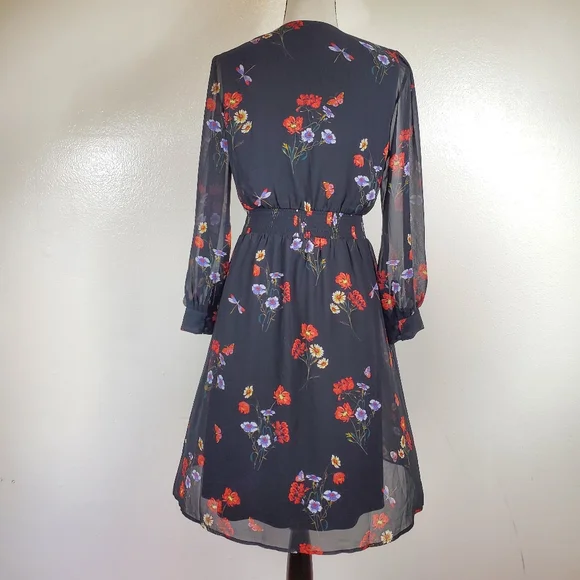 Express Floral Long Sleeve Dress Black Size Petite Small - Picture 3 of 6